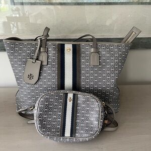 Tory Burch Gray Patterned Tote and Pouch Set